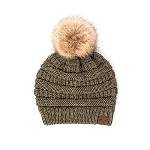C.C Hatsandscarf Exclusives Unisex Solid Ribbed Beanie with Pom (HAT-43) - color: Earth Grey