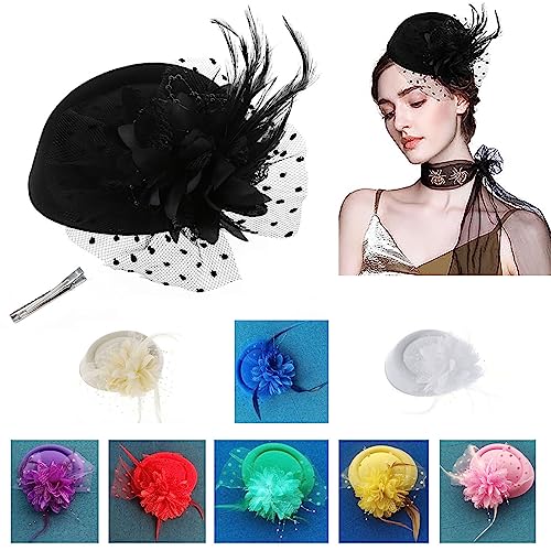 Fascinators Hats Pillbox Hat for Girl and Women - color: Black-fascinator With Flower Feather