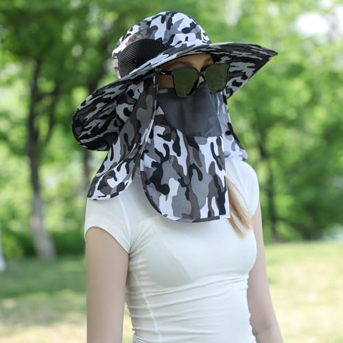 Men Women Safari Bucket Fishing Sun Hats Face Cover Neck Flap - color: Camou Gray