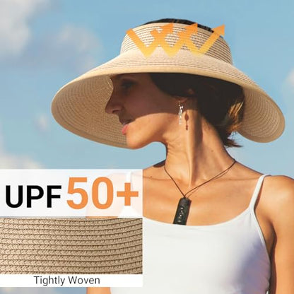 PFFY Sun Visor Hats for Women Wide Brim Straw Packable Ponytail Beach Hat - color: Khaki