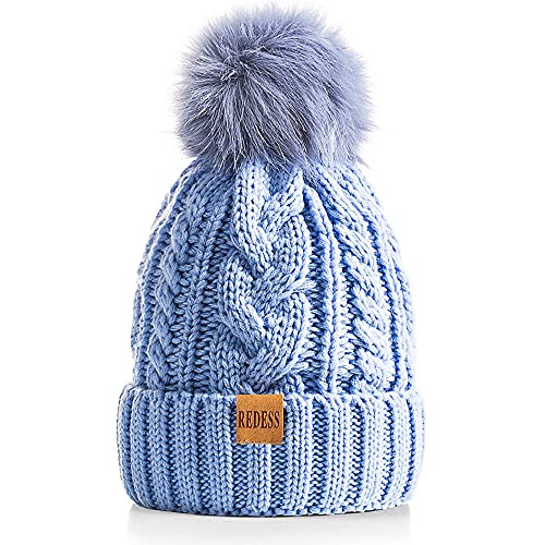 REDESS Women Winter Pompom Beanie Hat with Warm Fleece Lined Thick Slouchy Snow Knit Hat Skull Ski Cap - color: Light Blue