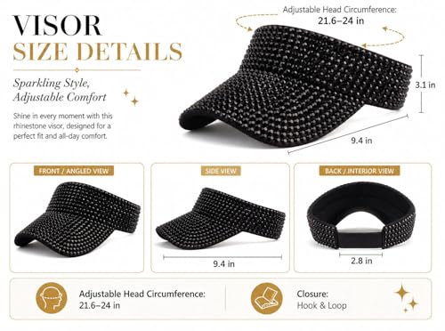 Women Shiny Rhinestone Bling Sun Visor Adjustable Tennis Beach Ponytail Hat - color: Black Hat+black Rhinestone
