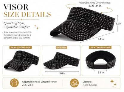 Women Shiny Rhinestone Bling Sun Visor Adjustable Tennis Beach Ponytail Hat - color: Black Hat+black Rhinestone