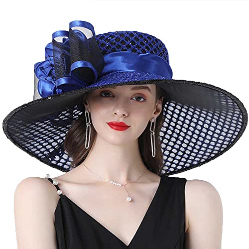 Women Party Church Derby Top Hats Organza Sun Visor Cap Ladies Flowers Fascinators Big Wide Brim Fedoras - color: Blue 1