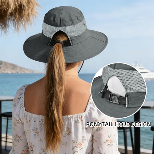 Rosoz Ponytail Sun Bucket Hats for Women UV Protection Foldable Wide Brim - color: 1 Pack-gray