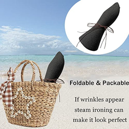 Floppy Big Beach Straw Hats for Women Foldable Summer Wide Brim Packable Sun Hat Womens Travel Straw Fedora Hat - color: Black-1