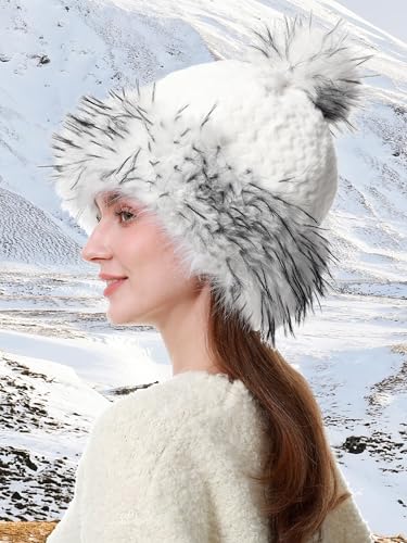 sy soul young Women's Faux Fur Hats with Pompom Warm Knit Beanie Skull Hat - color: White