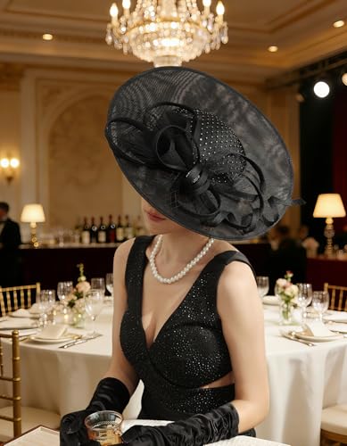 Unpifolov Fascinators Hats Elegant Women Flower Mesh Feathers Wedding Cocktail Bride Headband for Derby Hat Tea Party - color: Black