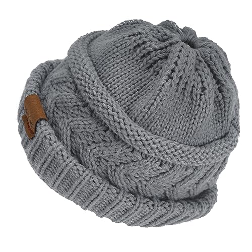 Rosoz 2 Pack Ponytail Beanie for Women,Winter Warm Beanie Tail Soft Stretch Cable Knit Messy High Bun Hat - color: 2pack-beige/Light Grey