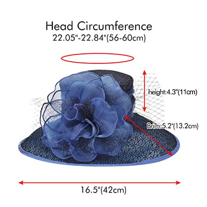 2026 Derby Hats for Women Ladies, Classy Organza Sun Hat, Church Tea Party Wedding Kentucky Fascinator Hat - color: B4215-dark Blue