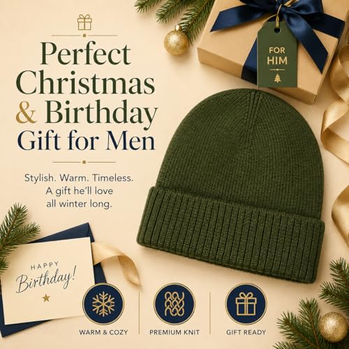 Men’s Plus Size M/L-XXL Merino Wool Beanie for Big Heads - color: Army Green, size: Medium-Large