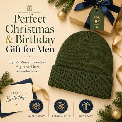 Men’s Plus Size M/L-XXL Merino Wool Beanie for Big Heads - color: Army Green, size: Medium-Large