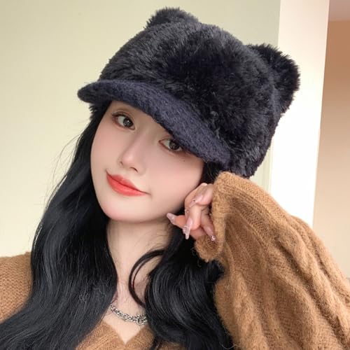 Cat Ears Fleece Lined Brimmed Beanie Hats Winter Golf Cap Brim Bill Visor Women - color: Black