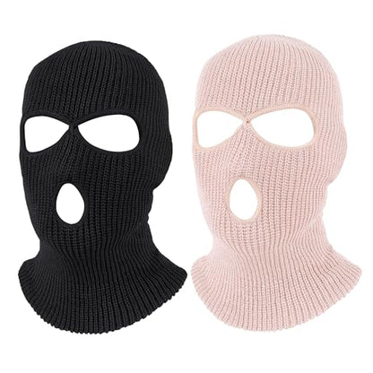 Pukavt 2 Pack 3 Hole Winter Knitted Mask, Ski Mask Balaclava Cap - color: Black/Pink