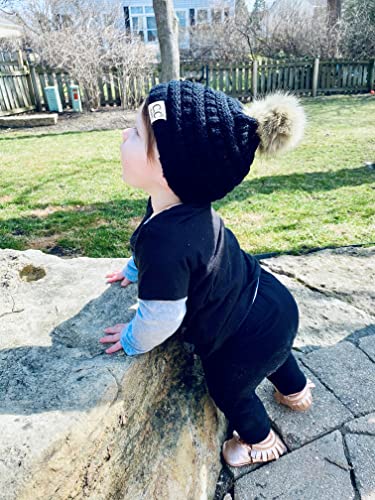 Funky Junque Baby Pom Pom Beanie – Soft Knit Infant Winter Hat for Baby Girls & Boys, Cozy Warm Newborn Beanie 0–12 Months - color: Black - Faux Fur Pom