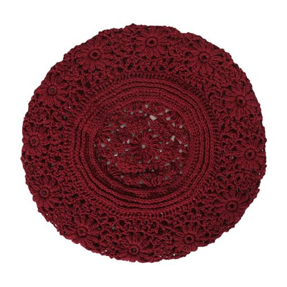 ZLYC Women Cotton Slouchy Crochet Beret Handmade Cutout Floral Beanie Hat - color: Plain Burgundy