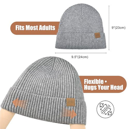 Unisex XXL Winter Hat, Fleece Lined Beanie Skull Cap Thermal Beanies Warm Ski Hat for Cold Weather - color: Heather Gray