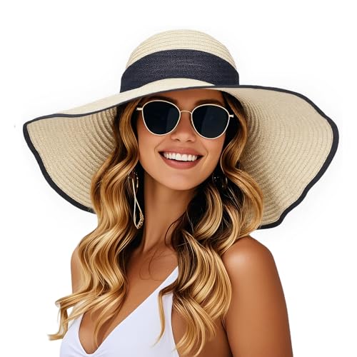 Barelove Sun Straw Hat Wide Brim Shape Hat with UPF 80+, Packable Foldable Floppy Summer Beach Hat for Women Men - color: Beige - Wide Wrap