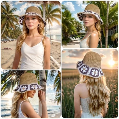 Floppy Big Beach Straw Hats for Women Foldable Summer Wide Brim Packable Sun Hat Womens Travel Straw Fedora Hat - color: Floral-4