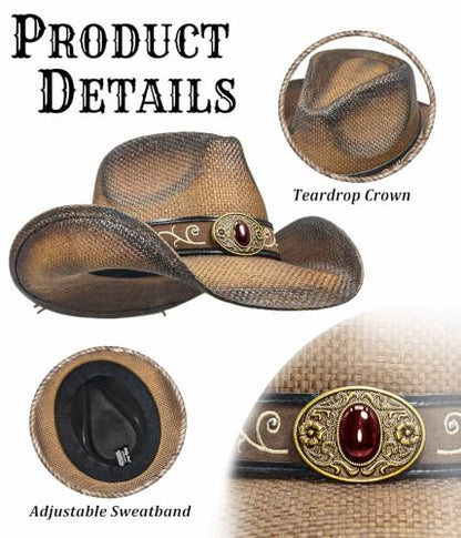FLUFFY SENSE. Cowboy Hats for Women and Men - Distressed Straw Western Hat with Shapeable Brim for Cowboys and Cowgirls - color: Ombre Brown
