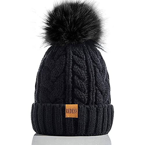 REDESS Women Winter Pompom Beanie Hat with Warm Fleece Lined Thick Slouchy Snow Knit Hat Skull Ski Cap - color: Black