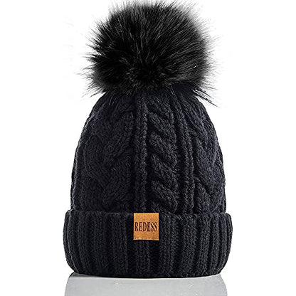 REDESS Women Winter Pompom Beanie Hat with Warm Fleece Lined Thick Slouchy Snow Knit Hat Skull Ski Cap - color: Black