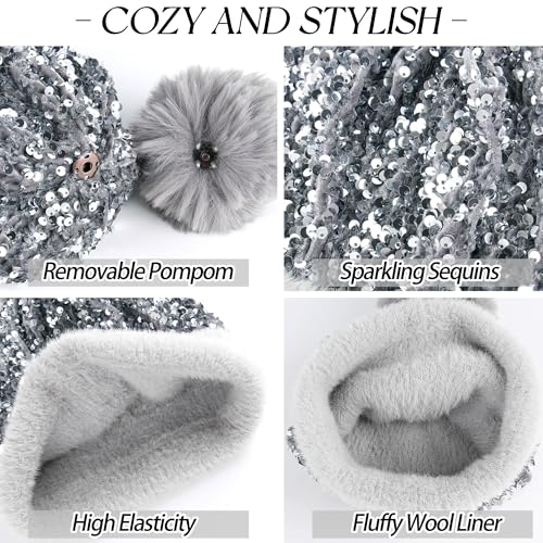 Babalet Winter Beanie Hats for Women Velvet Sequined Slouchy Skull Warm Fuzzy Pompon Cap Outdoor Windproof Ski Knit Cap - color: Grey