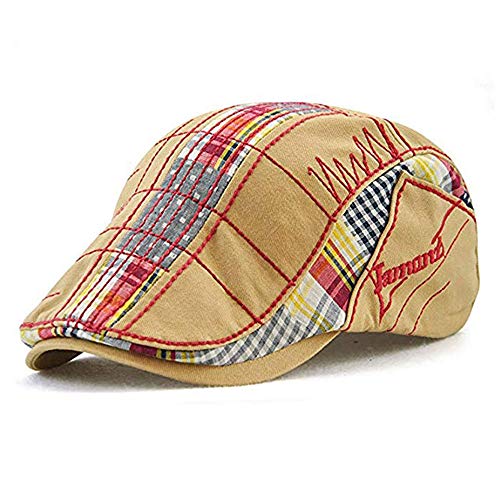 MOACC M Men Beret Hat Cotton Buckle Adjustable Newsboy Hats Cabbie Gatsby Cap - color: Hat-t1-beige(red Line)