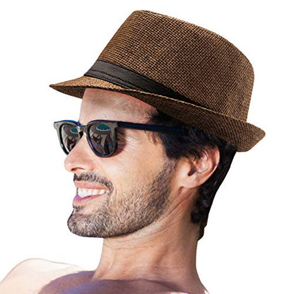 XL Straw Fedora Hats for Men Summer Trilby Beach Travel Panama Casual 7 1/2 - color: Coffee