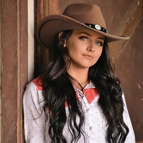 DRESHOW Women Men Classic Felt Wide Brim Western Cowboy & Cowgirl Cap Belt Buckle Retro Panama Hat Unisex Rolled up Caps - color: 1 Pack Style 1: Brown (Hat Circumference: 22-22.8")