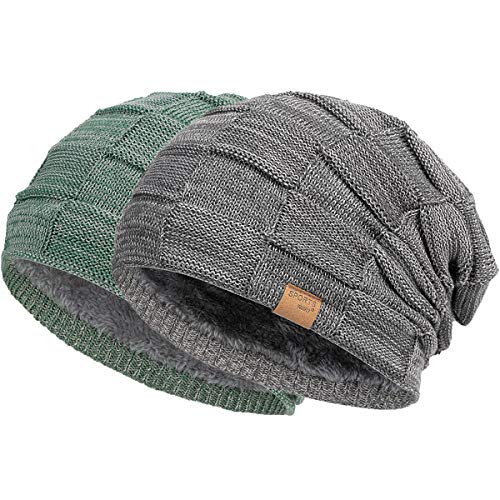 Vgogfly Slouchy Beanie for Men Winter Hats for Guys Cool Beanies Mens Lined Knit Warm Thick Skully Stocking Binie Hat Pairs - color: Dark Grey / Army