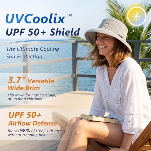 TOP-EX ChicPony Women's Wide Brim Bucket Sun Hat with Ponytail Hole UPF 50 Summer Packable Sunhat for Travel Beach Outdoor - color: Cream Beige, size: Large