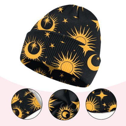 Kids Beanie Knit Hat Winter Unisex Cuffed Beanies Skull Cap Warm Double Layer Thick Acrylic Cute for Girls Boys - color: Sun Moon