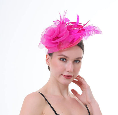 Fascinator Hat with Feather and Mesh – Floral Headpiece for Tea Party, Wedding, Cocktail Event - color: Hot Pink
