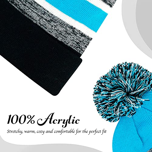 Winter Knit Beanie Hat with Pom Pom – Warm Cuffed Slouch Ski Cap for Men & Women - color: 1.black and Turquoise With Pom