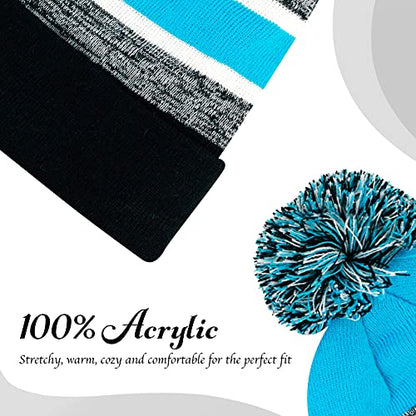Winter Knit Beanie Hat with Pom Pom – Warm Cuffed Slouch Ski Cap for Men & Women - color: 1.black and Turquoise With Pom