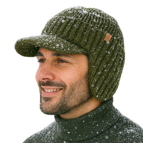 TOP-EX DryKnit™ 80% Merino Wool Waterproof Warm Brim Beanie with Ear Flaps - color: Green, size: Medium
