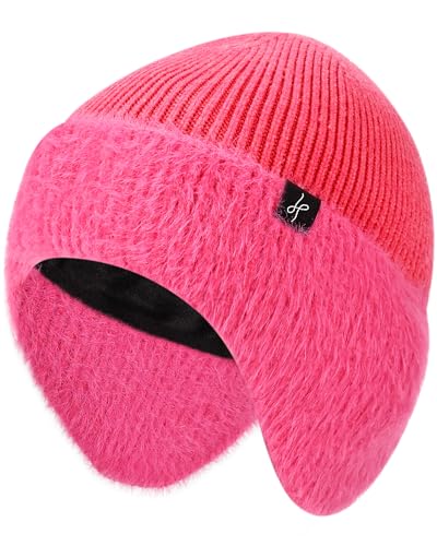 HAMUNI Winter Fleece-Lined Beanie with Earflaps, Warm Windproof Unisex Beanie Hat for Skiing, Hiking & Outdoor Winter Sports - color: Magenta
