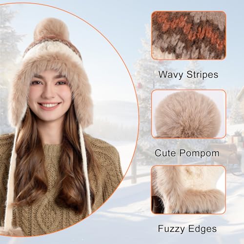 Women Winter Sherpa Beanie Hats Knit Ear Flap Hat Fleece Lined - color: Patterned Beige