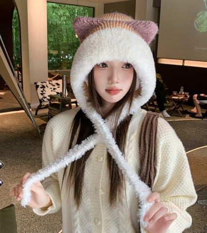 HUAMULAN Women Winter Sherpa Knit Beanie Hat Fleece Lined Ear Flaps - color: Khaki and White