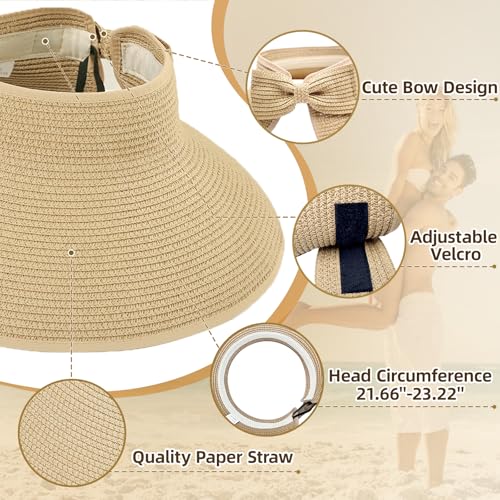 Sun Hats for Women Wide Brim Straw Sun Visors Ponytail Hat - color: Beige