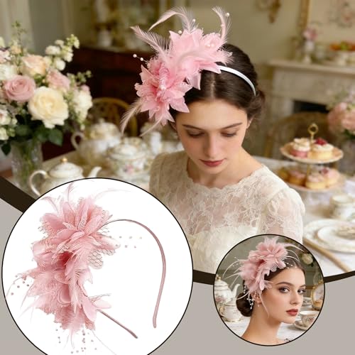Fascinators for Women Ribbon Feather Tea Party Headwear - color: Nude Pink