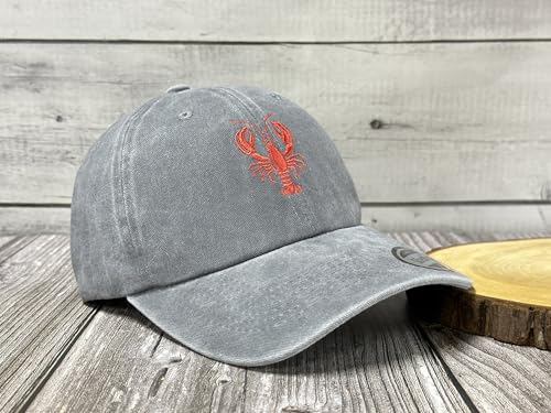 Embroidered Lobster Crawfish Baseball Hats for Men Women - color: Crawfish Lobster (Washed Gray)