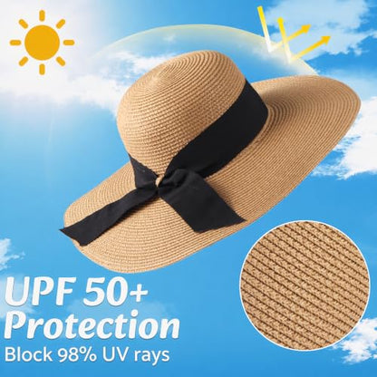 Women's Straw Sun Hat UPF80 UV Protection Foldable Wide Brim Summer Hat Sweatband Adjustable Floppy Beach Hats for Women - color: Khaki-foldable