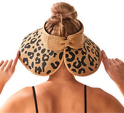 Women Sun Visors Wide Brim Foldable Packable Ponytail Beach Hat Straw Leopard Roll Up Bow Visor Sun Hats - color: Leopard