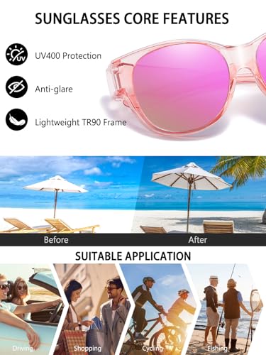 Wzerry Polarized Fit Over Glasses Sunglasses for Women Cat Eye UV400 - color: A10 L Size Transparent Pink/Pink