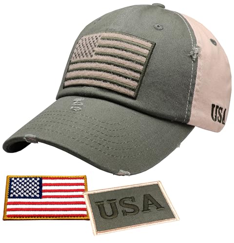 Antourage American Flag Unisex Baseball Hat for Men and Women | USA Flag Mesh Snapback Cap with 2 Patriotic Patches - color: (07) 2-tone: Olive/Khaki