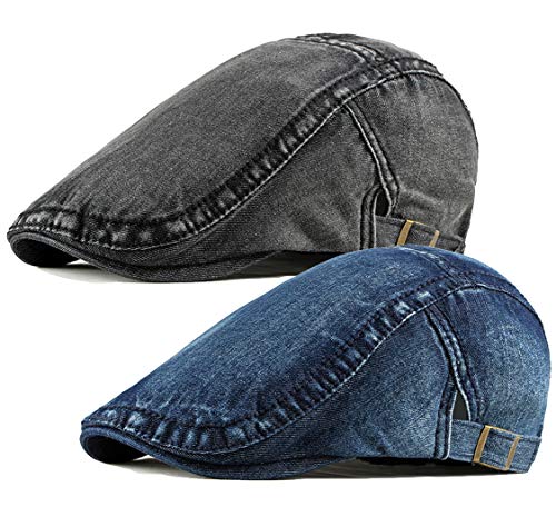 2 Pack Mens Denim Cotton Newsboy Cap Ivy Gatsby Driving Hunting Cabbie Hats - color: 2 Pack-c