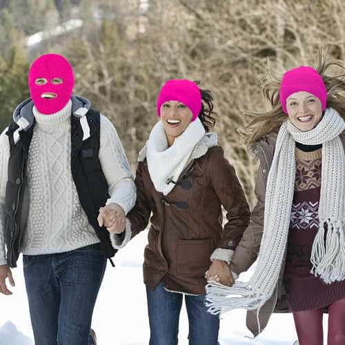 3 Hole Ski Mask, Knitted Balaclava Face Mask, Winter Full Face Mask Cover for Winter Outdoor Sports - color: Dark Pink
