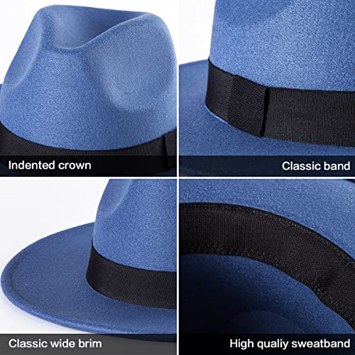 Felt Wide Brim Fedora Hats for Women Men, with Band Belt Buckle, Adjustable - color: P09 Blue